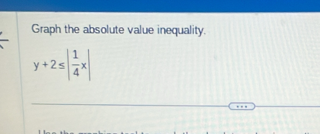 Graph the absolute value inequality.
y+2≤ | 1/4 x|