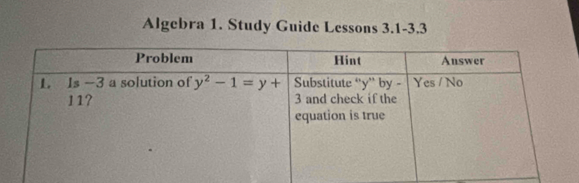 Algebra 1. Study Guide Lessons 3.1-3.3