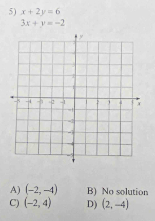 x+2y=6
3x+y=-2
A) (-2,-4) B) No solution
C) (-2,4) D) (2,-4)