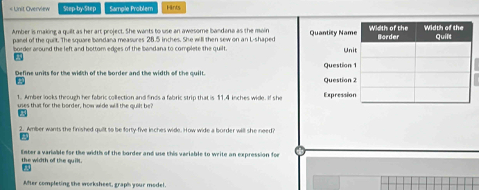 « Unit Overview Step-by-Step Sample Problem Hints 
Amber is making a quilt as her art project. She wants to use an awesome bandana as the main 
panel of the quilt. The square bandana measures 28.5 inches. She will then sew on an L-shaped 
border around the left and bottom edges of the bandana to complete the quilt. 
Define units for the width of the border and the width of the quilt. 
29 
1. Amber looks through her fabric collection and finds a fabric strip that is 11.4 inches wide. If she 
uses that for the border, how wide will the quilt be? 
a 
2. Amber wants the finished quilt to be forty-five inches wide. How wide a border will she need? 
Enter a variable for the width of the border and use this variable to write an expression for 
the width of the quilt. 
After completing the worksheet, graph your model.