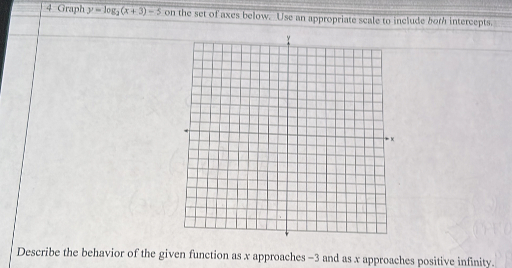 Graph y=log _2(x+3)-5 on the set of axes below. Use an appropriate scale to include both intercepts. 
Describe the behavior of the given function as x approaches -3 and as x approaches positive infinity.