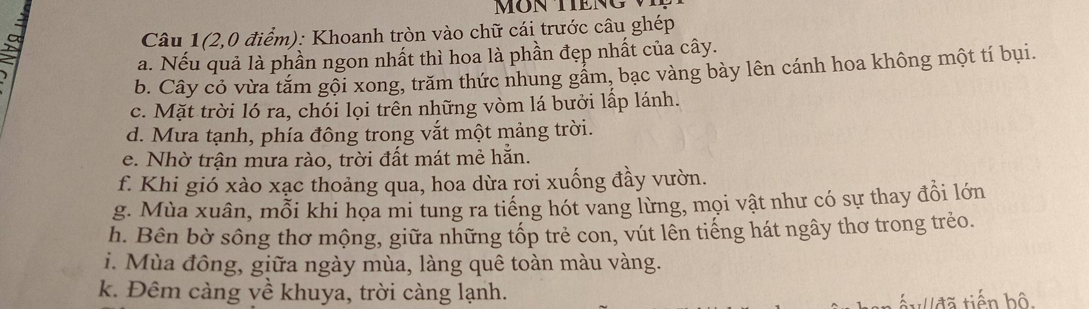 Câu 1(2,0 điểm): Khoanh tròn vào chữ cái trước câu ghép 
b. Cây cỏ vừa tắm gội xong, trăm thức nhung gẩm, bạc vàng bày lên cánh hoa không một tí bụi. 
) 
a. Nếu quả là phần ngon nhất thì hoa là phần đẹp nhất của cây. 
c. Mặt trời ló ra, chói lọi trên những vòm lá bưởi lấp lánh. 
d. Mưa tạnh, phía đông trong vắt một mảng trời. 
e. Nhờ trận mưa rào, trời đất mát mẻ hẵn. 
f. Khi gió xào xạc thoảng qua, hoa dừa rơi xuống đầy vườn. 
g. Mùa xuân, mỗi khi họa mi tung ra tiếng hót vang lừng, mọi vật như có sự thay đổi lớn 
h. Bên bờ sông thơ mộng, giữa những tốp trẻ con, vút lên tiếng hát ngây thơ trong trẻo. 
i. Mùa đông, giữa ngày mùa, làng quê toàn màu vàng. 
k. Đêm càng về khuya, trời càng lạnh. 
ấy đã tiến bộ