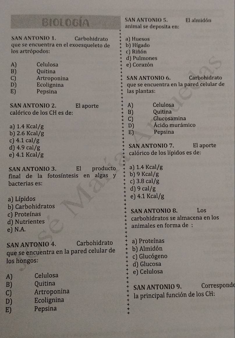 Biología SAN ANTONIO 5. El almidón
animal se deposita en:
SAN ANTONIO 1. Carbohidrato a) Huesos
que se encuentra en el exoesqueleto de b) Hígado
los artrópodos: c) Riñón
d) Pulmones
A) Celulosa e) Corazón
B) Quitina
C) Artroponina SAN ANTONIO 6. Carbohidrato
D) Ecolignina que se encuentra en la pared celular de
E) Pepsina las plantas:
SAN ANTONIO 2. El aporte A) Celulosa
calórico de los CH es de: B) Quitina
C) Glucosamina
a) 1.4 Kcal/g D) Ácido murámico
b) 2.6 Kcal/g E) Pepsina
c) 4.1 cal/g
d) 4.9 cal/g SAN ANTONIO 7. El aporte
e) 4.1 Kcal/g calórico de los lípidos es de:
SAN ANTONIO 3. El producto a) 1.4 Kcal/g
final de la fotosíntesis en algas y b) 9 Kcal/g
bacterias es: c) 3.8 cal/g
d) 9 cal/g
a) Lípidos e) 4.1 Kcal/g
b) Carbohidratos
c) Proteínas SAN ANTONIO 8. Los
d) Nutrientes carbohidratos se almacena en los
animales en forma de :
e) N.A.
SAN ANTONIO 4. Carbohidrato a) Proteínas
que se encuentra en la pared celular de b) Almidón
los hongos: c) Glucógeno
d) Glucosa
A) Celulosa e) Celulosa
B) Quitina
C) Artroponina SAN ANTONIO 9. Corresponde
D) Ecolignina la principal función de los CH:
E) Pepsina