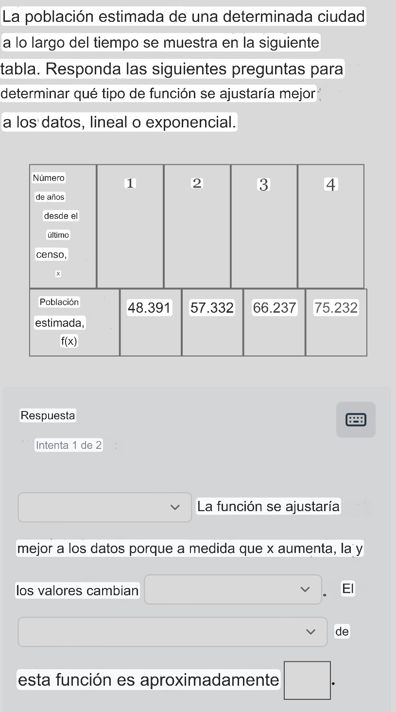 La población estimada de una determinada ciudad
a lo largo del tiempo se muestra en la siguiente
tabla. Responda las siguientes preguntas para
determinar qué tipo de función se ajustaría mejor
a los datos, lineal o exponencial.
Respuesta
Intenta 1 de 2
La función se ajustaría
mejor a los datos porque a medida que x aumenta, la y
Ios valores cambian
de
esta función es aproximadamente □ .