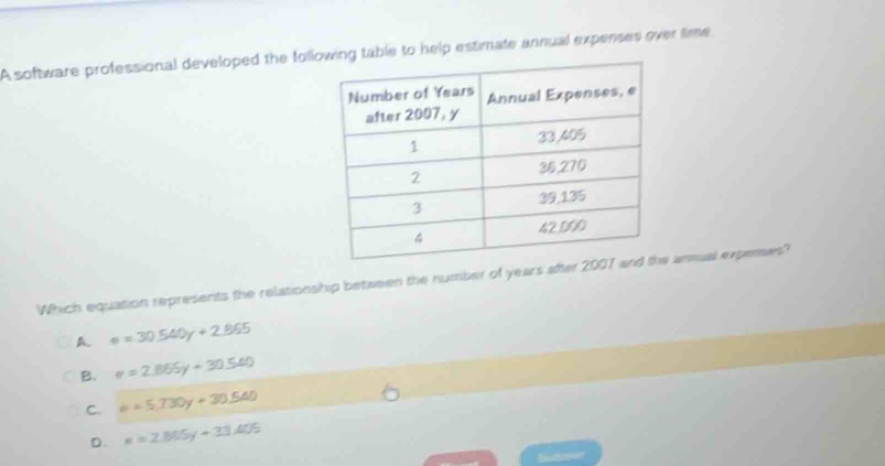 A software professional developed the folling table to help estimate annual expenses over time
Which equation represents the relationship between the number of years afte ansual expenses?
A. m=30.540y+2.965
B. e=2.865y+30.560
C. e=5.730y+30.540
D. e=2.805y+33.405