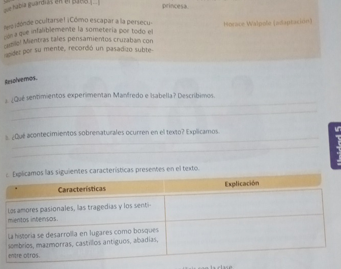 que había guardias en el patio.(...] 
princesa. 
Pero ¡(dónde ocultarse! ¡Cómo escapar a la persecu 
Horace Walpole (adaptación) 
ción a que infaliblemente la sometería por todo el 
castillo! Mientras tales pensamientos cruzaban con 
rapidez por su mente, recordó un pasadizo subte- 
Resolvemos. 
_ 
¿Qué sentimientos experimentan Manfredo e Isabella? Describimos. 
_ 
_ 
b. ¿Qué acontecimientos sobrenaturales ocurren en el texto? Explicamos. 
_ 
tes características presentes en el texto. 
clase