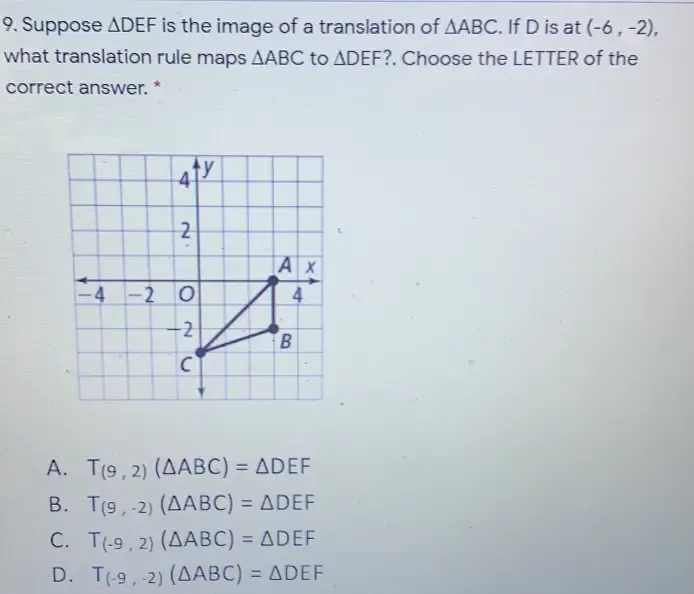 Solved: Suppose DEF is the image of a translation of ABC. If D is at ...