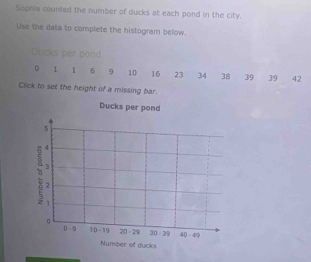 Sophia counted the number of ducks at each pond in the city.
Use the data to complete the histogram below.
Ducks per pond
1 1 6 9 10 16 23 34 38 39 39 42
Click to set the height of a missing bar.
D