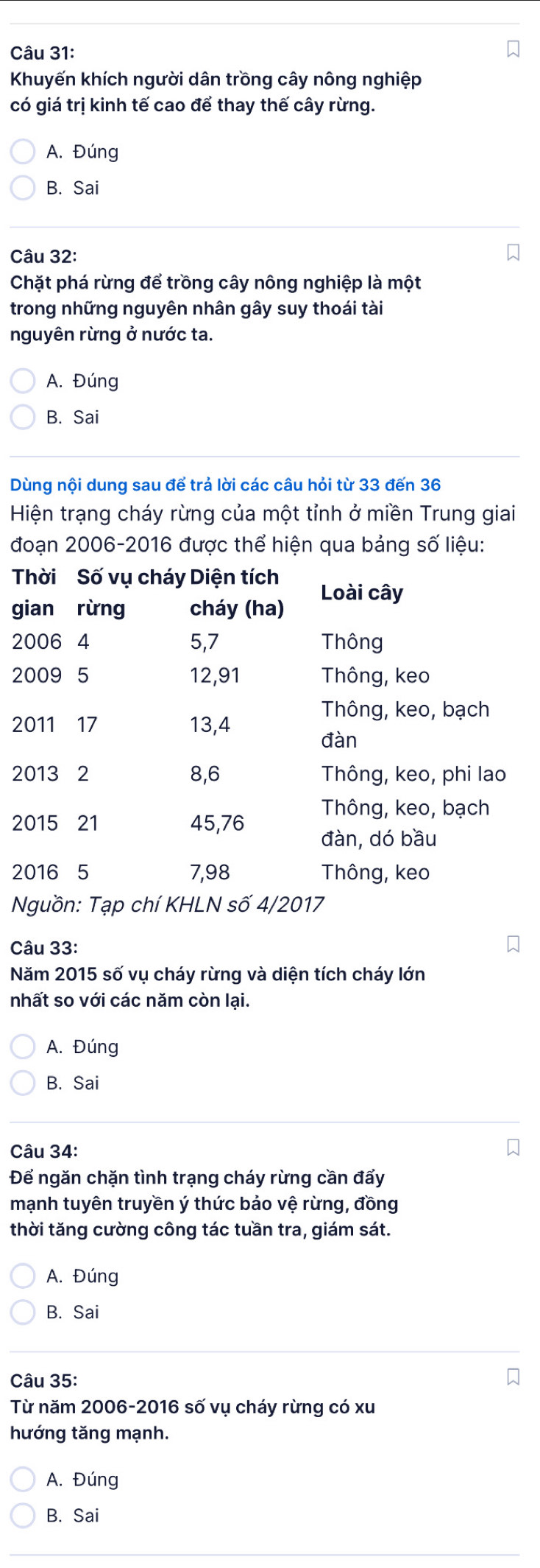 Khuyến khích người dân trồng cây nông nghiệp
có giá trị kinh tế cao để thay thế cây rừng.
A. Đúng
B. Sai
Câu 32:
Chặt phá rừng để trồng cây nông nghiệp là một
trong những nguyên nhân gây suy thoái tài
nguyên rừng ở nước ta.
A. Đúng
B. Sai
Dùng nội dung sau để trả lời các câu hỏi từ 33 đến 36
Hiện trạng cháy rừng của một tỉnh ở miền Trung giai
đoạn 2006-2016 được thể hiện qua bảng số liệu:
Thời Số vụ cháy Diện tích Loài cây
gian rừng cháy (ha)
2006 4 5,7 Thông
2009 5 12, 91 Thông, keo
Thông, keo, bạch
2011 17 13, 4
đàn
2013 2 8, 6 Thông, keo, phi lao
2015 21 45, 76 Thông, keo, bạch
đàn, dó bầu
2016 5 7,98 Thông, keo
Nguồn: Tạp chí KHLN số 4/2017
Câu 33:
Năm 2015 số vụ cháy rừng và diện tích cháy lớn
nhất so với các năm còn lại.
A. Đúng
B. Sai
Câu 34:
Để ngăn chặn tình trạng cháy rừng cần đẩy
mạnh tuyên truyền ý thức bảo vệ rừng, đồng
thời tăng cường công tác tuần tra, giám sát.
A. Đúng
B. Sai
Câu 35:
Từ năm 2006-2016 số vụ cháy rừng có xu
hướng tăng mạnh.
A. Đúng
B. Sai