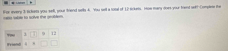 Listen 
For every 3 tickets you sell, your friend sells 4. You sell a total of 12 tickets. How many does your friend sell? Complete the 
ratio table to solve the problem.