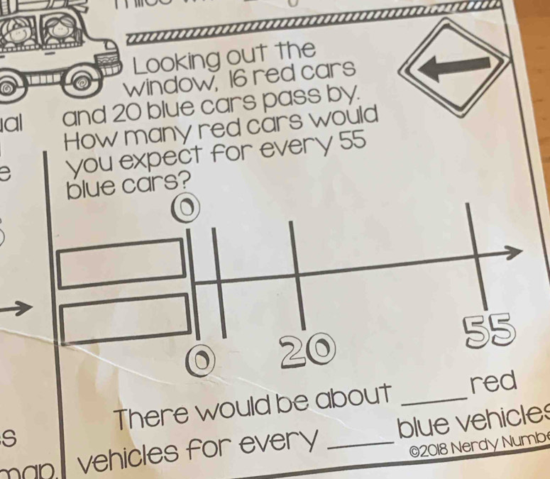 …. 
Looking out the 
window, 16 red cars 
al and 20 blue cars pass by. 
How many red cars would
3 you expect for every 55
ars? 
There would be about_ 
re 
s 
man vehicles for every _blue vehicle 
©2018 Nerdy Numb