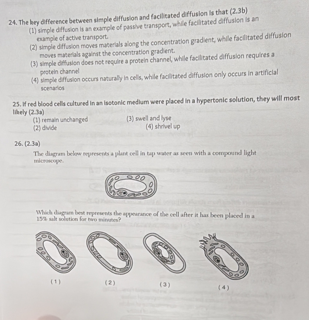 The key difference between simple diffusion and facilitated diffusion is that (2.3b)
(1) simple diffusion is an example of passive transport, while facilitated diffusion is an
example of active transport.
(2) simple diffusion moves materials along the concentration gradient, while facilitated diffusion
moves materials against the concentration gradient.
(3) simple diffusion does not require a protein channel, while facilitated diffusion requires a
protein channel
(4) simple diffusion occurs naturally in cells, while facilitated diffusion only occurs in artificial
scenarios
25. If red blood cells cultured in an isotonic medium were placed in a hypertonic solution, they will most
likely (2.3a)
(1) remain unchanged (3) swell and lyse
(2) divide (4) shrivel up
26. (2. 3a)
The diagram below represents a plant cell in tap water as seen with a compound light
microscope.
Which diagram best represents the appearance of the cell after it has been placed in a
15% salt solution for two minutes?
( 1 ) (2)
( 3 )
( 4)