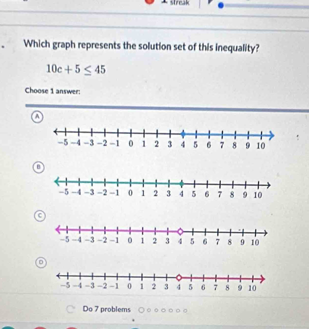 streak
Which graph represents the solution set of this inequality?
10c+5≤ 45
Choose 1 answer:
a
B
Do 7 problems