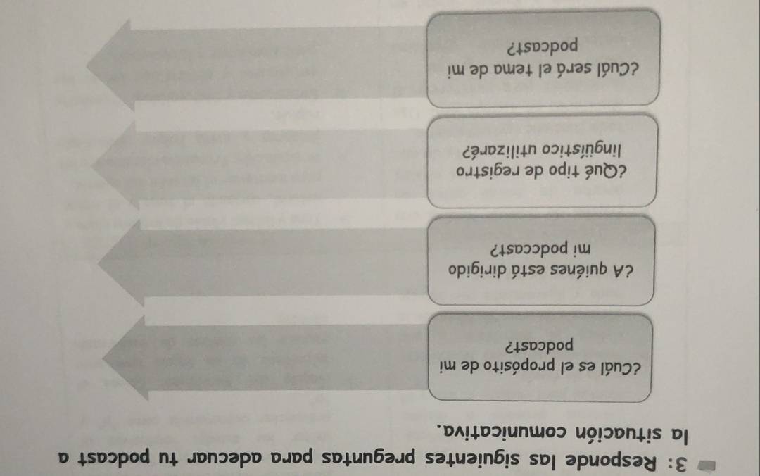 3: Responde las siguientes preguntas para adecuar tu podcast a 
la situación comunicativa. 
¿Cuál es el propósito de mi 
podcast? 
A quiénes está dirigido 
mi podccast? 
¿Qué tipo de registro 
lingüístico utilizaré? 
¿Cuál será el tema de mi 
podcast?