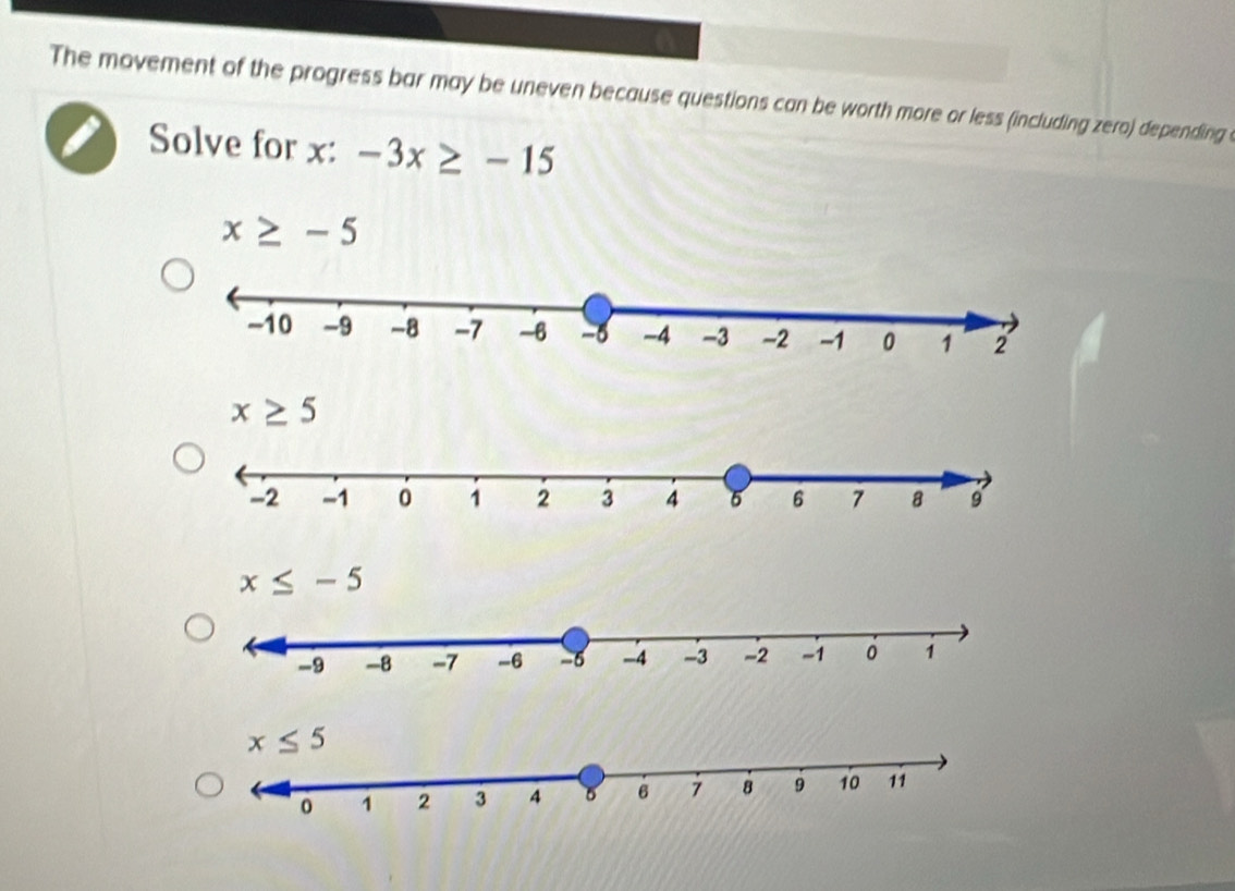 The movement of the progress bar may be uneven because questions can be worth more or less (including zero) depending 
Solve for x: -3x≥ -15
x≥ -5
x≥ 5