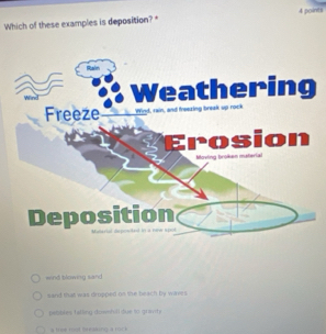 Which of these examples is deposition? "
wind blowing sand
sand that was dropped on the beach by waves
pesses fatting dowehill due to gran te
s true root breaking a rück