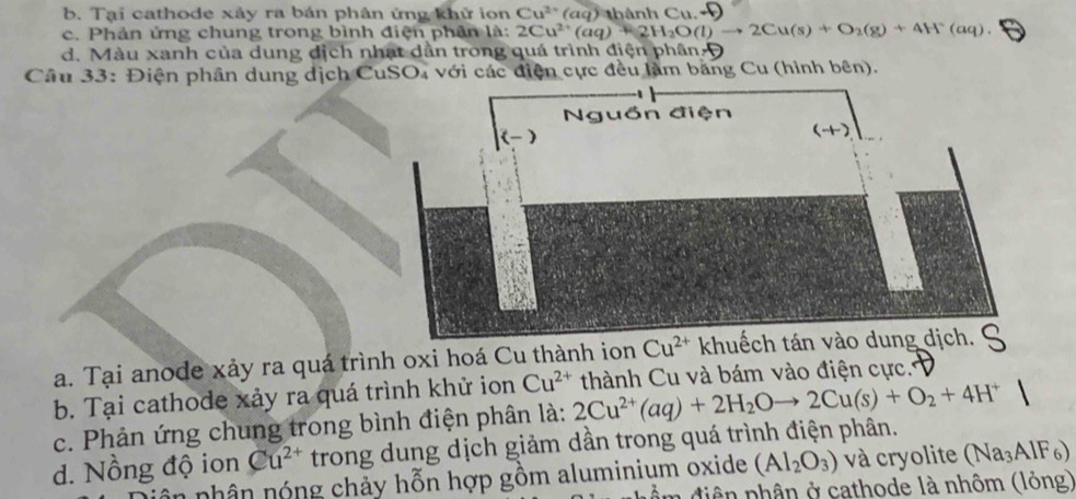 b. Tại cathode xảy ra bán phân ứng khử ion Cu^(2+)(aq) thành Cu
c. Phản ứng chung trong bình điện phân là: 2Cu^(2+)(aq)+2H_2O(l)to 2Cu(s)+O_2(g)+4H^+(aq).
d. Màu xanh của dung dịch nhạt dân trong quá trình điện phân Đ
Câu 33: Điện phân dung địch CuSO₄ với các điện cực đều làm bằng Cu (hình bên).
a. Tại anode xảy ra quá trình oxi hoá Cu thành ion Cu^(2+)
b. Tại cathode xảy ra quá trình khử ion Cu^(2+) thành Cu và bám vào điện cực.
c. Phản ứng chung trong bình điện phân là: 2Cu^(2+)(aq)+2H_2Oto 2Cu(s)+O_2+4H^+
d. Nồng độ ion Cu^(2+) trong dung dịch giảm dần trong quá trình điện phân.
in nhân nóng chảy hỗn hợp gồm aluminium oxide (Al_2O_3) và cryolite (Na_3AlF_6
Â m điện phân ở cathode là nhôm (lỏng)