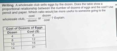 Writing A wholesale club sells eggs by the dozen. Does the table show a 
proportional relationship between the number of dozens of eggs and the cost? Use 
pencil and paper. Which ratio would be more useful to someone going to the 
wholesale club,  cos t/dozen  or  dozen/cos t  ? Explain.