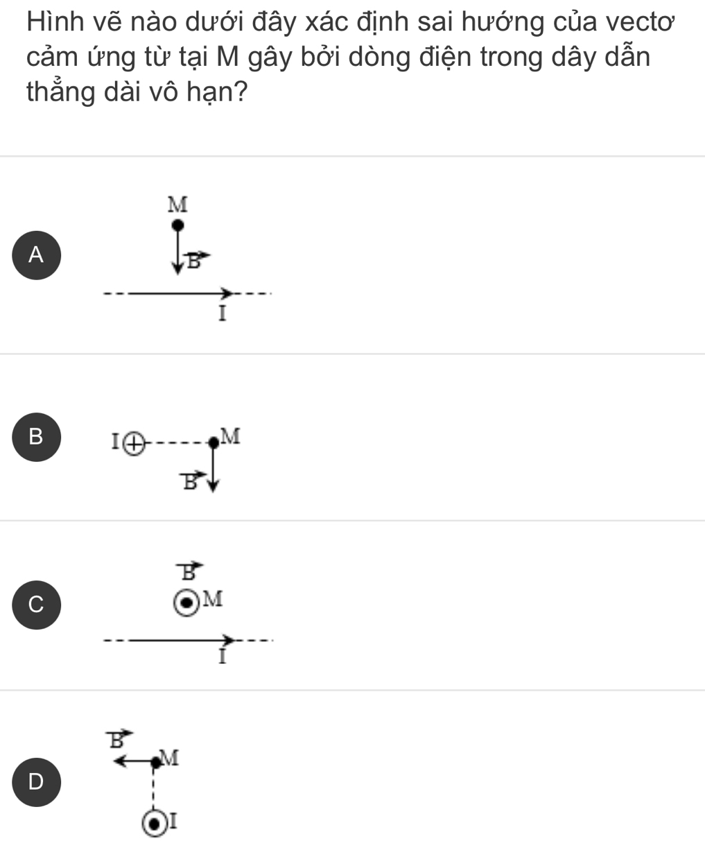 Hình vẽ nào dưới đây xác định sai hướng của vectơ
cảm ứng từ tại M gây bởi dòng điện trong dây dẫn
thẳng dài vô hạn?
A
B^(Ioplus -----P^M) vector 
^
C
vector B
M
D
I