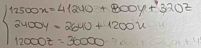 beginarrayl 12500x=41240+800y+320z 2400y=2640+1200x 12000z=3000endarray.
x=0 +4