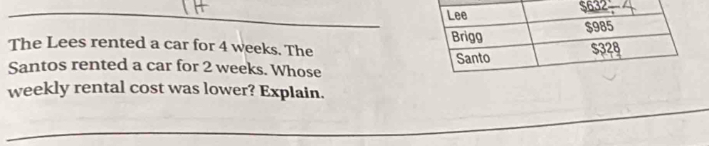 The Lees rented a car for 4 weeks. The
Santos rented a car for 2 weeks. Whose
weekly rental cost was lower? Explain.