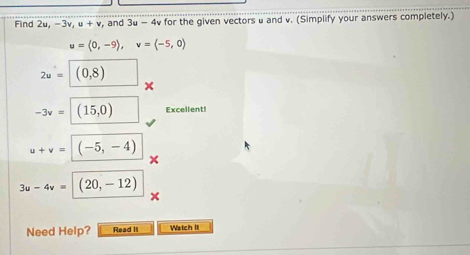 Solved: Find 2u. -3v, u+v , and 3u-4v for the given vectors u and v ...