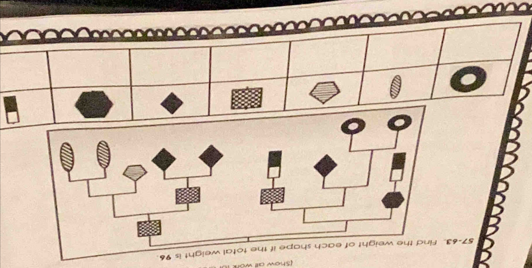 (Show all work 
57-63. Find the weight of each shape if the total weight is 96.
