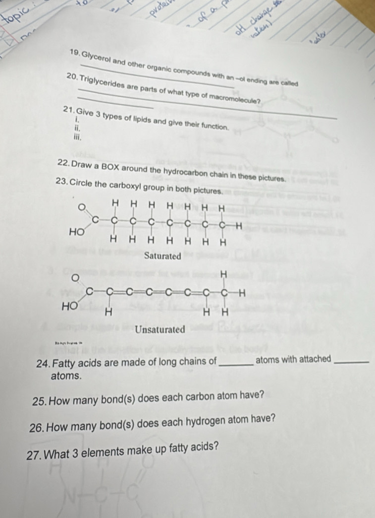 Glycerol and other organic compounds with an --ol ending are called 
20. Triglycerides are parts of what type of macromolecule? 
21. Give 3 types of lipids and give their function. 
i. 
i. 
iii. 
22. Draw a BOX around the hydrocarbon chain in these pictures. 
23. Circle the carboxyl group in both pictures. 
24. Fatty acids are made of long chains of_ atoms with attached_ 
atoms. 
25. How many bond(s) does each carbon atom have? 
26. How many bond(s) does each hydrogen atom have? 
27. What 3 elements make up fatty acids?