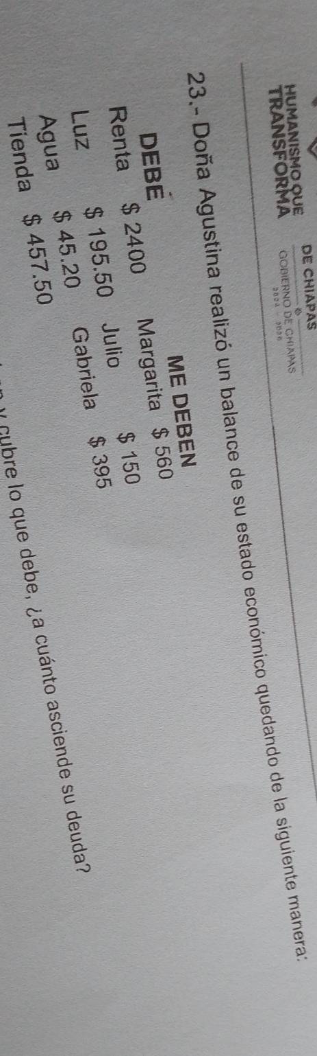 HUMANISMO QUE DE CHIAPAS 
TRANSFORMA GOBIERNO DE CHIAPAS 
2028 2026 
23.- Doña Agustina realizó un balance de su estado económico quedando de la siguiente manera 
DEBE ME DEBEN 
Renta z $ 2400 Margarita $ 560
Luz $ 195.50 Julio $ 150
Agua $ 45.20 Gabriela $ 395
y cubre lo que debe, ¿a cuánto asciende su deuda? 
Tienda $ 457.50