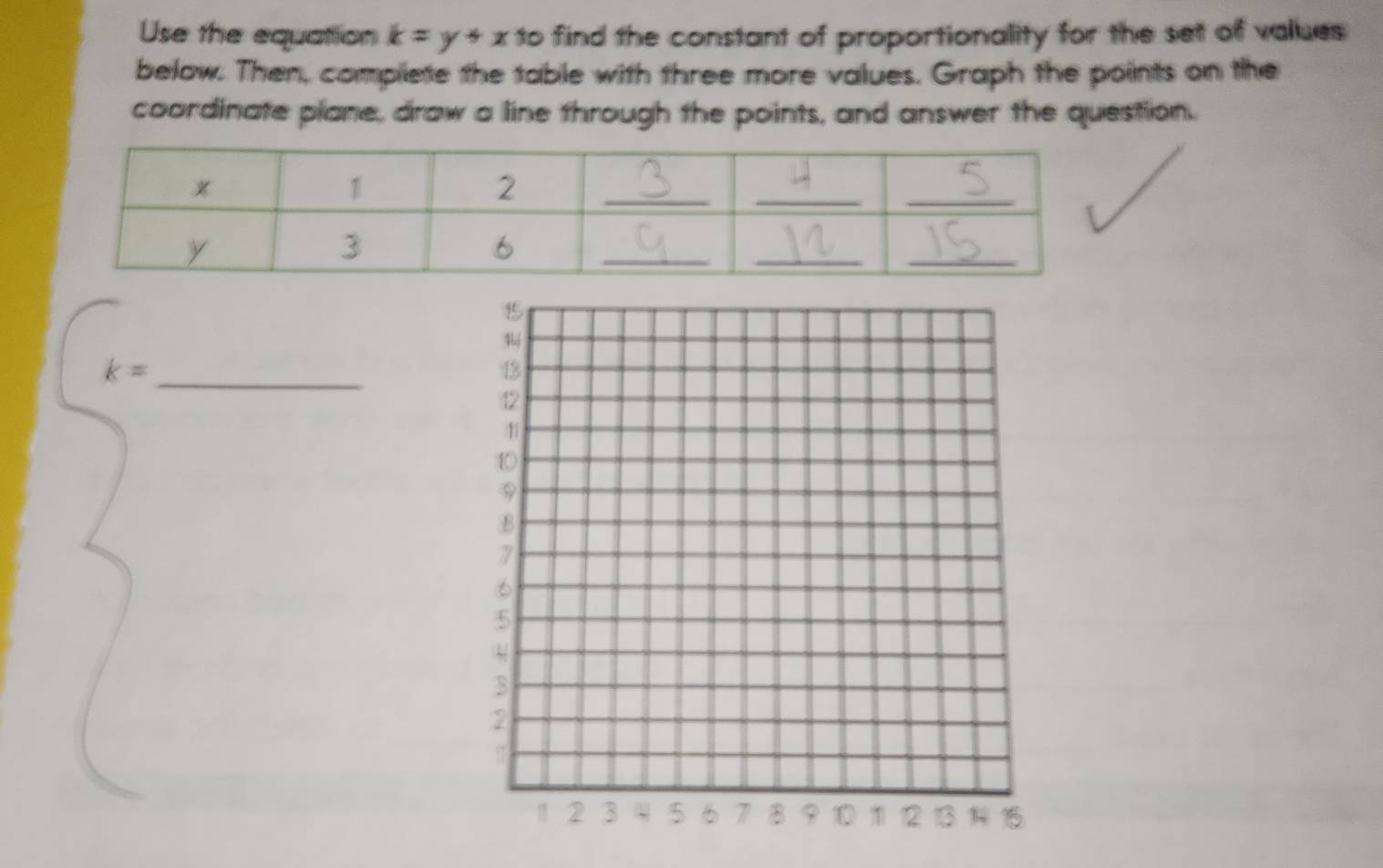 Use the equation k=y+x to find the constant of proportionality for the set of values 
below. Then, complete the table with three more values. Graph the points on the 
coordinate plane, draw a line through the points, and answer the question. 
_ k=