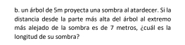 un árbol de 5m proyecta una sombra al atardecer. Si la 
distancia desde la parte más alta del árbol al extremo 
más alejado de la sombra es de 7 metros, ¿cuál es la 
longitud de su sombra?