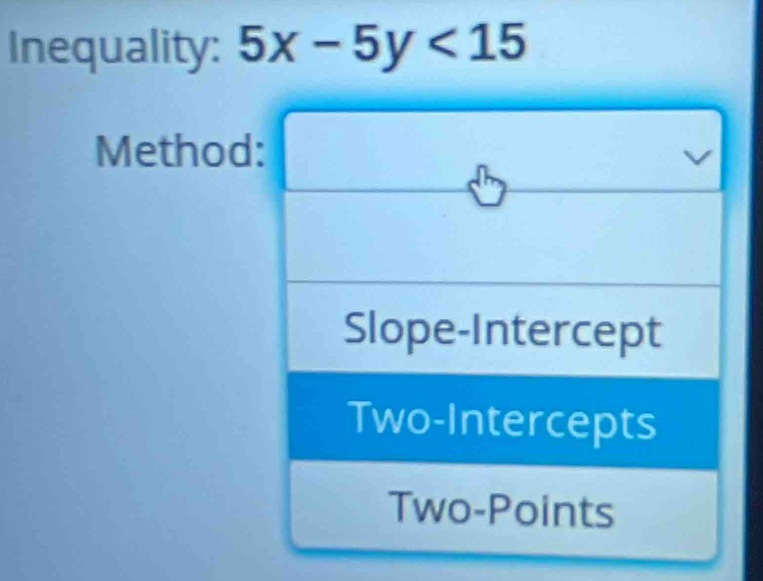 Inequality: 5x-5y<15</tex>
Method:
Slope-Intercept
Two-Intercepts
Two-Points