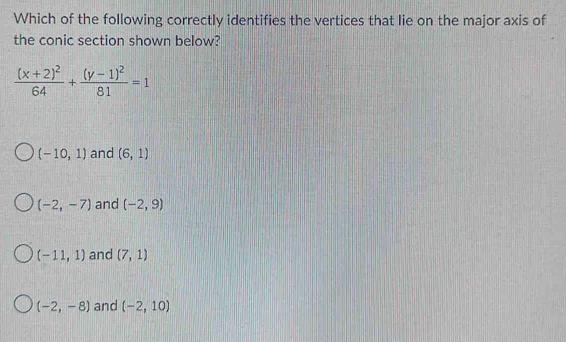 Which of the following correctly identifies the vertices that lie on the major axis of
the conic section shown below?
frac (x+2)^264+frac (y-1)^281=1
(-10,1) and (6,1)
(-2,-7) and (-2,9)
(-11,1) and (7,1)
(-2,-8) and (-2,10)