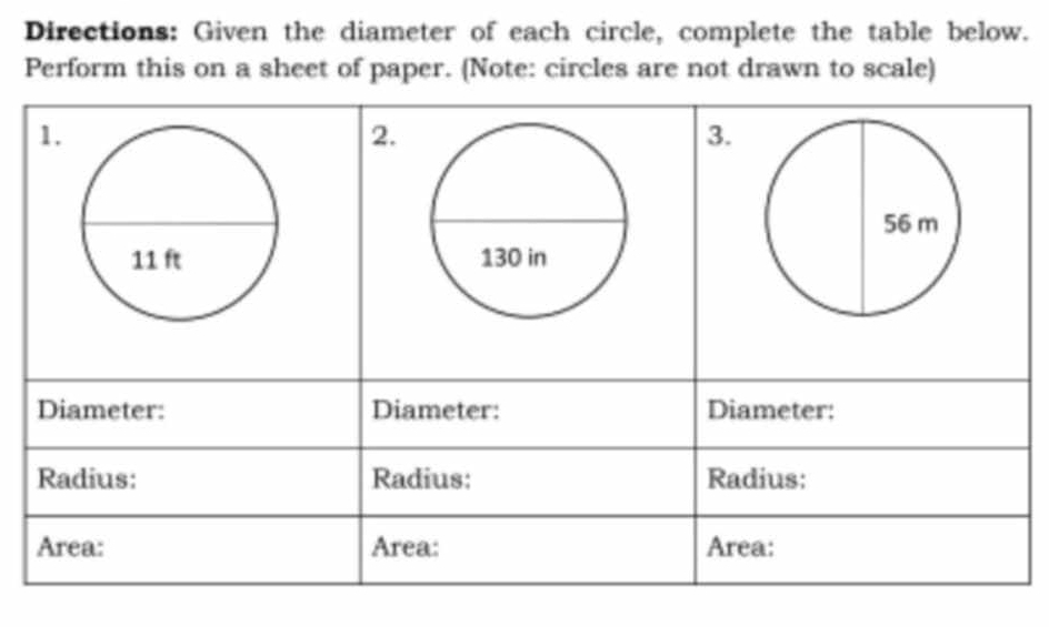 Directions: Given the diameter of each circle, complete the table below. 
Perform this on a sheet of paper. (Note: circles are not drawn to scale)