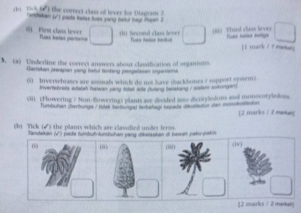 Tick (▲ ) the correct class of lever for Diagram 2. 
Tandakan (√) pada kelas tuas yang beful bagi Rajah 2 
(i) First class lever (i) Third class leser 
(i) Second class lever 
Tuas kelas pertamá 
Tuas hotes ketigia 
]I mark ? T markah 
3. (a) Underline the correct answers about classification of organisms. 
Gariskan jawapan yang betul tentang pengelasan organiama 
(i) Invertebrates are animals which do not have (backbones / support syster). 
Invertebrata adalah haiwan yang tidak ada (tulang belskang / sistem sokongan) 
(ii) (Flowering / Non-flowering) plants are divided into dicotyledons and monocotyledons. 
Tumbuhan (berbunga / tidak berbunga) terbahagi kepada dikobledon dan monokobiledon 
[2 marks 1 2 markang 
(b) Tick (✔) the plants which are classified under ferns. 
Tandakan (ʔ) pada tumbuh-tumbuhan yang dikelaskan di bawah paku-pakis. 
(iv) 
[2 marks / 2 markah]