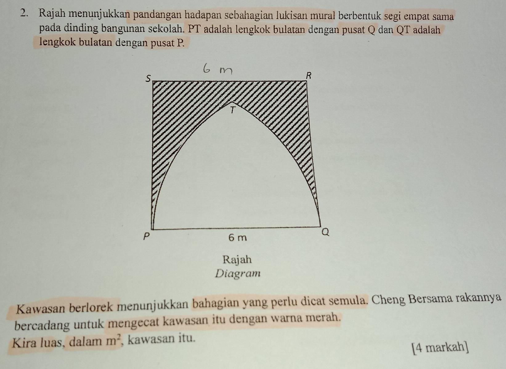 Rajah menunjukkan pandangan hadapan sebahagian lukisan mural berbentuk segi empat sama 
pada dinding bangunan sekolah. PT adalah lengkok bulatan dengan pusat Q dan QT adalah 
lengkok bulatan dengan pusat P. 
Rajah 
Diagram 
Kawasan berlorek menunjukkan bahagian yang perlu dicat semula. Cheng Bersama rakannya 
bercadang untuk mengecat kawasan itu dengan warna merah. 
Kira luas, dalam m^2 , kawasan itu. 
[4 markah]