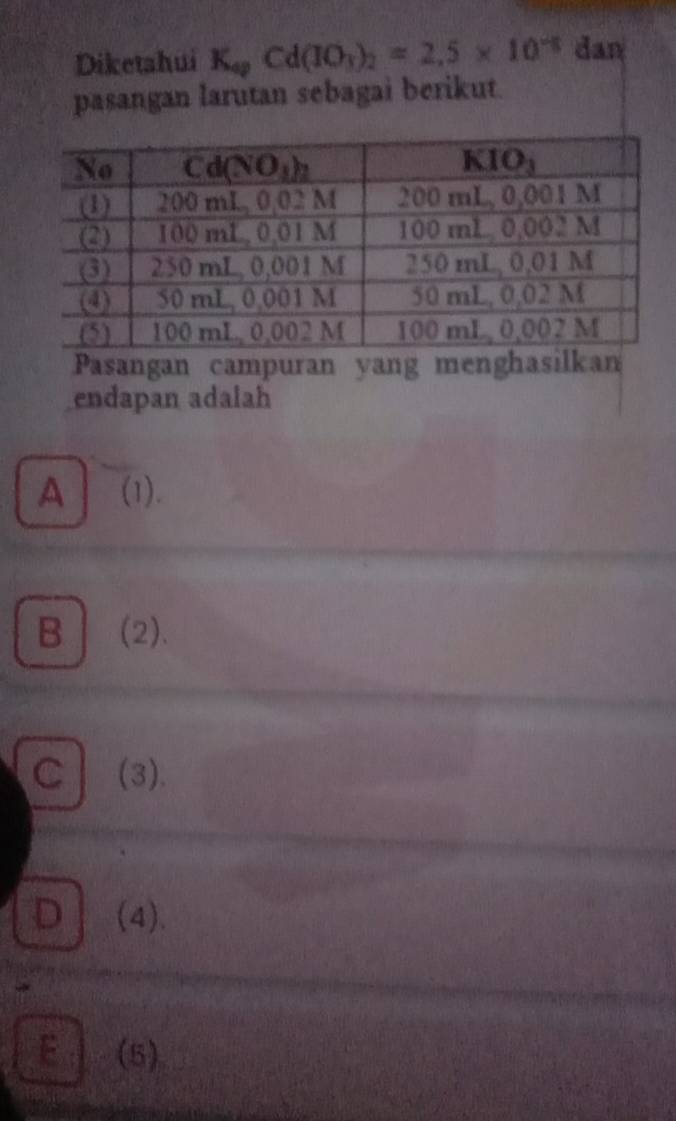 Diketahui K_apCd(IO_3)_2=2.5* 10^(-5) dan
pasangan larutan sebagai berikut.
Pasangan campuran yang menghasilkan
endapan adalah
A (1).
B] (2).
C (3).
D (4).
E (5)