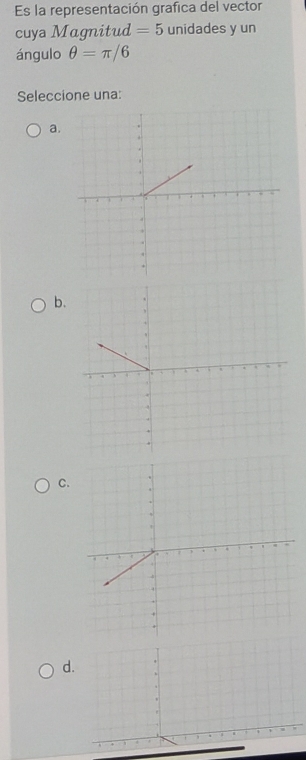 Es la representación grafica del vector 
cuya Magnitud =5 unidades y un 
ángulo θ =π /6
Seleccione una: 
a. 
b. 
C. 
d.