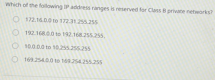 Solved: Which of the following IP address ranges is reserved for Class ...