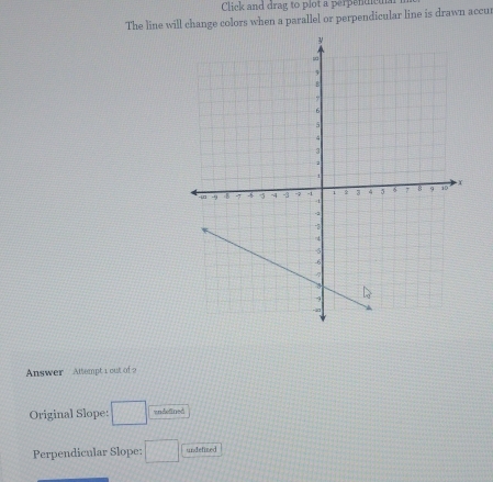 Click and drag to plot a perpented
The line will change colors when a parallel or perpendicular line is drawn accur
Answer Attempt 1 out of 9
Original Slope: □ undefined
Perpendicular Slope: □ undefined