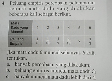 Peluang empiris percobaan pelemparan
sebuah mata dadu yang dilakukan
beberapa kali sebagai berikut.
Jika mata dadu 6 muncul sebanyak 6 kali,
tentukan:
a. banyak percobaan yang dilakukan;
b. peluang empiris muncul mata dadu 5;
c. banyak muncul mata dadu lebih dari 4.