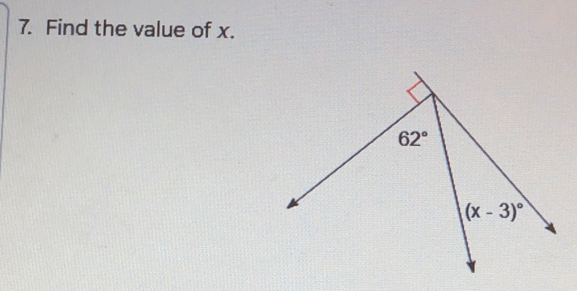 Find the value of x.
62°
(x-3)^circ 