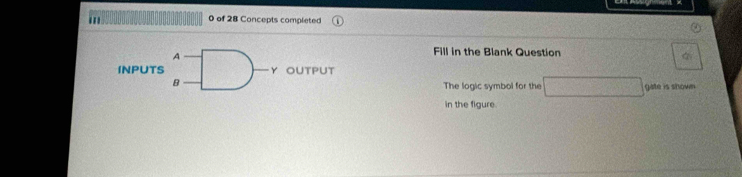 ''' 0 of 28 Concepts completed 
A 
Fill in the Blank Question 
INPUTS Y OUTPUT 
B 
The logic symbol for the gate is shown 
in the figure.