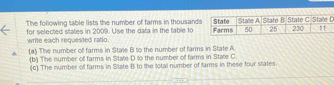 The following table lists the number of farms in thousand 
for selected states in 2009. Use the data in the table to 
write each requested ratio. 
(a) The number of farms in State B to the number of farms in State A. 
(b) The number of farms in State D to the number of farms in State C. 
(c) The number of farms in State B to the total number of farms in these four states.