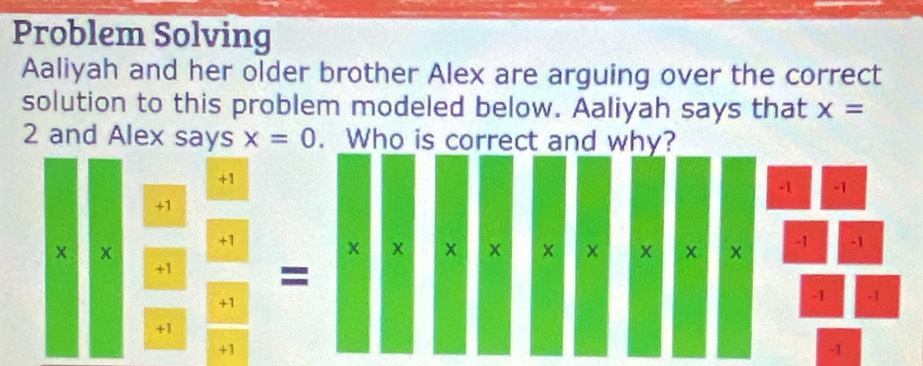 Problem Solving 
Aaliyah and her older brother Alex are arguing over the correct 
solution to this problem modeled below. Aaliyah says that x=
2 and Alex says x=0. Who is correct and why?
+1
-1 -1
+1
× x
+1
x x x × x x -1 -1
+1
=
+1
-1 -1
+1
+1
-1