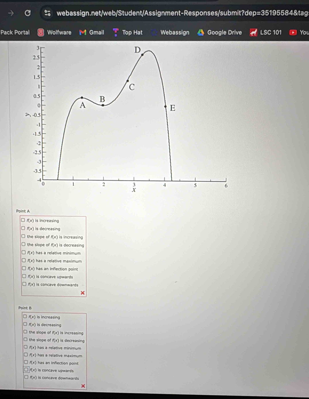 p=35 195584&tag
Pack Portal Wolfware Gmail Top Hat Webassign Google Drive LSC 101 You
Point A
f(x) is increasing
f(x) is decreasing
the slope of f(x) is increasing
the slope of f(x) is decreasing
f(x) has a relative minimum
f(x) has a relative maximum
f(x) has an inflection point
f(x) is concave upwards
f(x) is concave downwards
x
Point B
f(x) is increasing
f(x) is decreasing
the slope of f(x) is increasing
the slope of f(x) is decreasing
f(x) has a relative minimum
f(x) has a relative maximum
f(x) has an inflection point
f(x) is concave upwards
f(x) is concave downwards