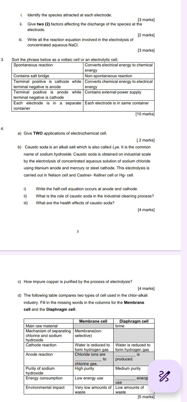 Identify the species attracted at each electrode. 
[3 marks] 
ii. Give two (2) factors affecting the discharge of the species at the 
electrode. 
[2 marks] 
iii. Write all the reaction equation involved in the electrolysis of 
concentrated aqueous NaCl. 
[3 marks] 
3 
4. 
a) Give TWO applications of electrochemical cell. 
[ 2 marks] 
b) Caustic soda is an alkali salt which is also called Lye. It is the common 
name of sodium hydroxide. Caustic soda is obtained on industrial scale 
by the electrolysis of concentrated aqueous solution of sodium chloride 
using titanium anode and mercury or steel cathode. This electrolysis is 
carried out in Nelson cell and Castner- Kellner cell or Hg- cell. 
i) Write the half-cell equation occurs at anode and cathode. 
ii) What is the role of caustic soda in the industrial cleaning process? 
iii) What are the health effects of caustic soda? 
[4 marks] 
c) How impure copper is purified by the process of electrolysis? 
[4 marks] 
d) The following table compares two types of cell used in the chlor-alkali 
industry. Fill in the missing words in the columns for the Membrane 
cell and the Diaphragm cell.