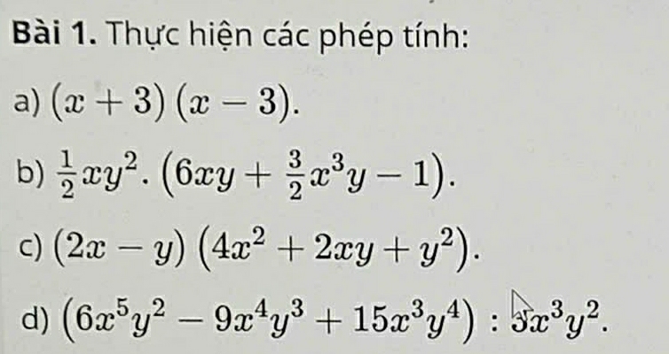 Thực hiện các phép tính: 
a) (x+3)(x-3). 
b)  1/2 xy^2.(6xy+ 3/2 x^3y-1). 
c) (2x-y)(4x^2+2xy+y^2). 
d) (6x^5y^2-9x^4y^3+15x^3y^4):3x^3y^2.