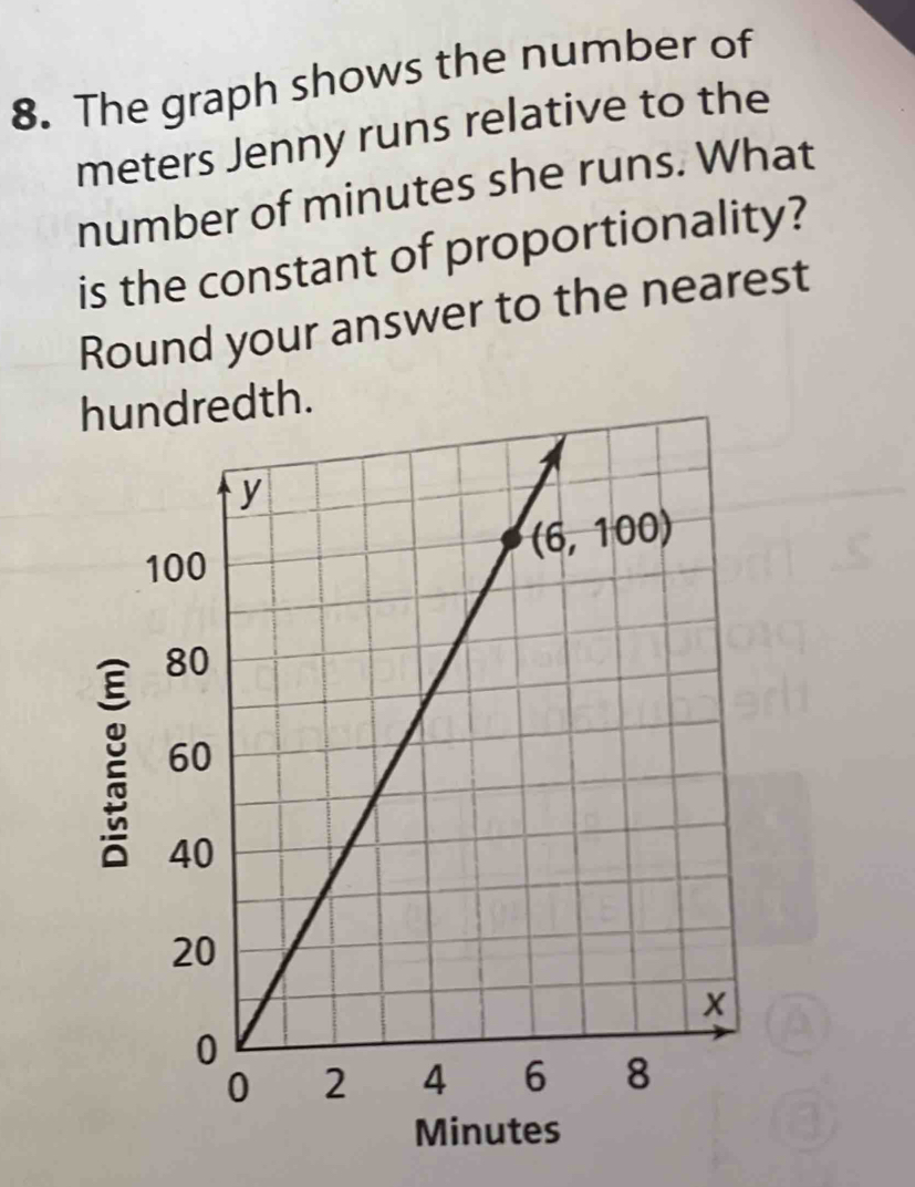 The graph shows the number of
meters Jenny runs relative to the
number of minutes she runs. What
is the constant of proportionality?
Round your answer to the nearest
huth.
Minutes