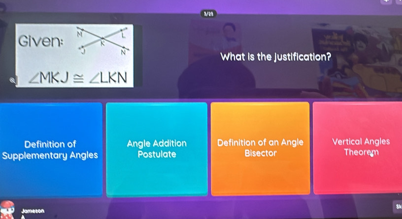 Solved: 3/28 Given: What is the justification? ∠ MKJ≌ ∠ LKN Definition ...